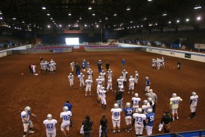 The BlueJays go through drills inside the Lazy E Arena after the winter weather forced the Jays to seek indoor shelter.